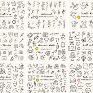 Peut inclure: Ensemble d'illustrations dessin&eacute;es &agrave; la main en noir et blanc, avec divers th&egrave;mes. Les cat&eacute;gories incluent Bapt&ecirc;me, Botanique, Koala c&acirc;lin, Le professeur, Barbecue d'&eacute;t&eacute;, Doux girly, Ours en peluche, Cottagecore et Nourriture mignonne. Chaque illustration est titr&eacute;e.