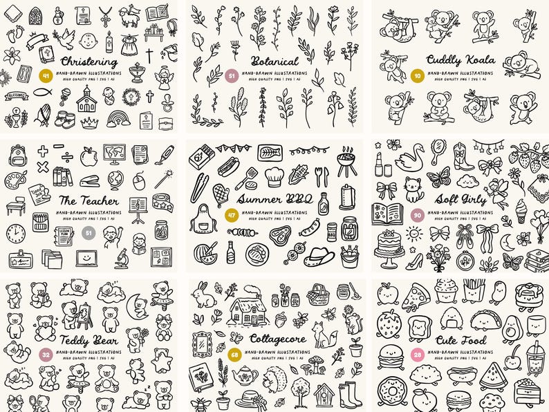 Peut inclure: Ensemble d'illustrations dessin&eacute;es &agrave; la main en noir et blanc, avec divers th&egrave;mes. Les cat&eacute;gories incluent Bapt&ecirc;me, Botanique, Koala c&acirc;lin, Le professeur, Barbecue d'&eacute;t&eacute;, Doux girly, Ours en peluche, Cottagecore et Nourriture mignonne. Chaque illustration est titr&eacute;e.