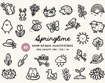 Spring Hand-Drawn Clipart Bundle - Springtime, Easter, Animals, Nature Icons PNG, SVG & AI