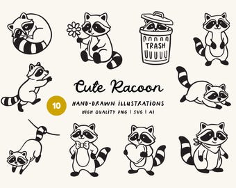 Hand-Drawn Racoon Clipart Bundle: Woodland Animals (SVG, PNG, Ai)