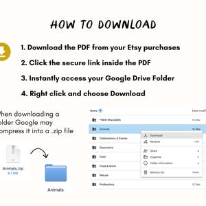Peut inclure: Un guide intitul&eacute; "HOW TO DOWNLOAD" avec des instructions pour t&eacute;l&eacute;charger un PDF depuis Etsy, acc&eacute;der &agrave; un dossier Google Drive et t&eacute;l&eacute;charger un fichier .zip. L'image comprend une capture d'&eacute;cran d'un dossier Google Drive.