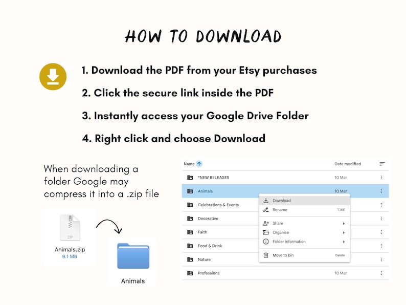 Peut inclure: Un guide intitul&eacute; "HOW TO DOWNLOAD" avec des instructions pour t&eacute;l&eacute;charger un PDF depuis Etsy, acc&eacute;der &agrave; un dossier Google Drive et t&eacute;l&eacute;charger un fichier .zip. L'image comprend une capture d'&eacute;cran d'un dossier Google Drive.