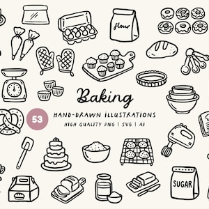Baking Doodle Clipart-paket: Handritade illustrationer av kakor, bakverk och bröd (SVG, PNG, .ai)