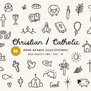 May include: A set of 56 hand-drawn Christian and Catholic illustrations in black ink. The images include crosses, a bible, a church, a dove, a heart, a chalice, a rosary, and the word "God".