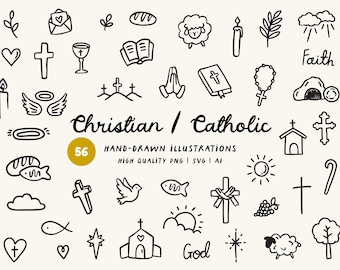 Christian Faith Hand-Drawn Clipart Bundle - Crosses, Sheep, Religious Icons, PNG, SVG & AI