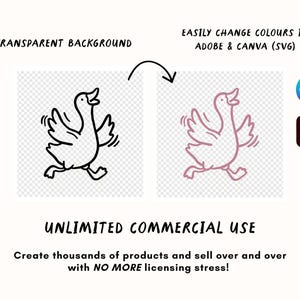 Peut inclure: Illustration num&eacute;rique d'une oie en course, en noir et rose. Le texte comprend "TRANSPARENT BACKGROUND", "EASILY CHANGE COLOURS IN ADOBE & CANVA (SVG)" et "UNLIMITED COMMERCIAL USE". Les logos Canva et Ai sont &eacute;galement pr&eacute;sents.