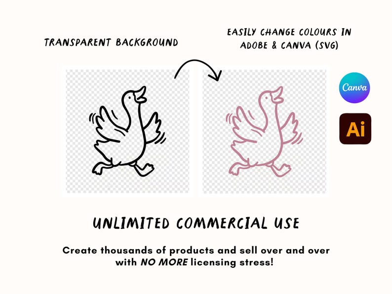 Peut inclure: Illustration num&eacute;rique d'une oie en course, en noir et rose. Le texte comprend "TRANSPARENT BACKGROUND", "EASILY CHANGE COLOURS IN ADOBE & CANVA (SVG)" et "UNLIMITED COMMERCIAL USE". Les logos Canva et Ai sont &eacute;galement pr&eacute;sents.