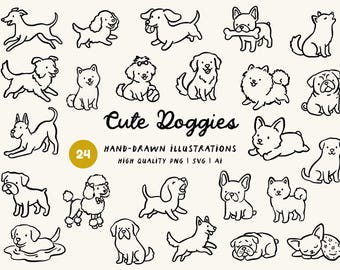 Dog Doodle Clipart Bundle: Hand Drawn Frenchie, Daschund, Shitzu, Golden Retriever Illustrations (SVG, PNG)