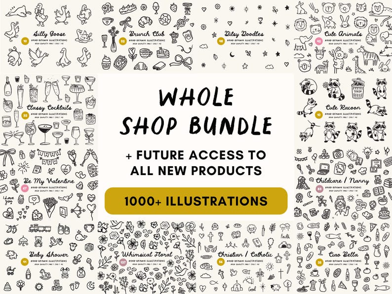 Peut inclure: Ensemble d'illustrations dessin&eacute;es &agrave; la main en noir et blanc, avec des th&egrave;mes vari&eacute;s comme les animaux, la nourriture et les c&eacute;l&eacute;brations. Le texte "WHOLE SHOP BUNDLE" et "1000+ ILLUSTRATIONS" est mis en &eacute;vidence.
