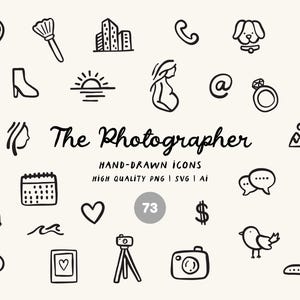 Könnte beinhalten: Eine Sammlung handgezeichneter schwarzer Symbole auf cremefarbenem Hintergrund. Zu den Symbolen gehören ein Herz mit einer Familie, ein Make-up-Pinsel, Gebäude, ein Telefon, ein Hund, ein Computer, ein Stiefel, ein Sonnenaufgang, eine schwangere Person, ein @-Symbol, ein Ring und eine Katze.