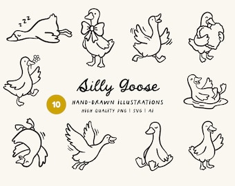 Silly Goose Clipart Bundle: Hand Drawn Goose Illustrations, Spring Cottagecore (SVG, PNG, Ai)