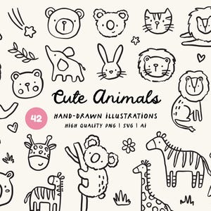 May include: A set of 42 hand-drawn black and white illustrations of cute animals, such as a rabbit, bear, koala, lion, zebra, and giraffe. The words "Cute Animals" are displayed above the illustrations.