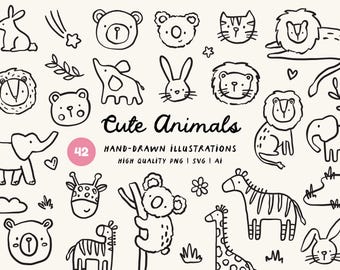 Animal Doodles Hand-Drawn Clipart Bundle - Jungle, Koala, Lion, Bunny PNG, SVG & AI