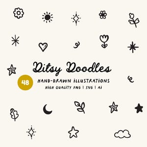 Paquete de imágenes prediseñadas dibujadas a mano de Ditsy Doodles: corazones, estrellas, hojas y flores, PNG, SVG y AI.