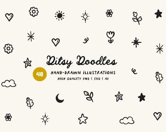 Zestaw ręcznie rysowanych clipartów Ditsy Doodles – serca, gwiazdy, liście i kwiaty, PNG, SVG i AI
