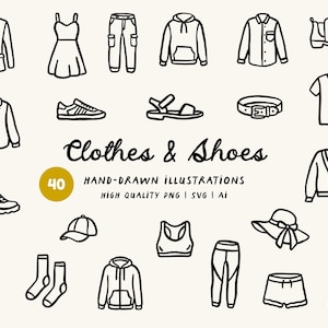Pode incluir: Ilustrações desenhadas à mão de várias peças de roupa e sapatos, incluindo um blazer, vestido, jeans, moletom com capuz, camisa, botas, tênis, sandálias, cinto, camiseta, cardigan, macacão, meias, boné, top esportivo, calças, shorts e regata. O texto "Clothes & Shoes" é exibido.