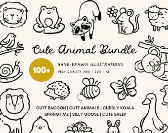 Animal Doodle Clipart Illustration Bundle, Mega SVG, PNG Bundle, Commercial Use