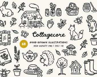 Cozy Cottagecore Doodles Clip Art Bundle: Hand Drawn Whimsical Countryside - SVG, PNG