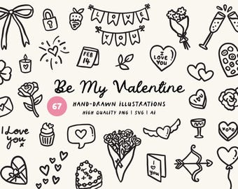Love You Hand-Drawn Clipart Bundle - Love Hearts, Flowers and Bows PNG, SVG & AI