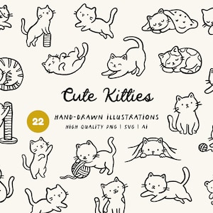 Könnte beinhalten: Eine Sammlung von 22 handgezeichneten Schwarz-Weiß-Illustrationen von niedlichen Kätzchen in verschiedenen Posen. Das Bild zeigt Katzen beim Spielen, Schlafen und beim Umgang mit Spielzeug. Der Text lautet "Cute Kitties" und "Hand-drawn illustrations".