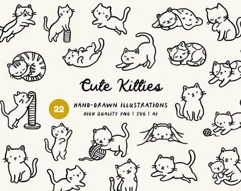 Cat Doodle Clipart Bundle: Hand Drawn Kitties, Pet, Kitten Illustrations (SVG, PNG)