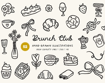 Brunch and Breakfast Hand-Drawn Clipart Bundle - Pastries, Coffee, Pancakes, PNG, SVG & AI
