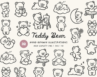 Teddy Bear Hand-Drawn Clipart Bundle - Pregnancy, Baby and Nursery Icons, PNG, SVG & AI
