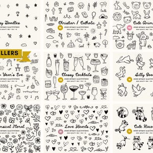 Peut inclure: Une collection d'illustrations dessin&eacute;es &agrave; la main en noir et blanc. L'image pr&eacute;sente divers th&egrave;mes, notamment des gribouillis, des symboles chr&eacute;tiens, des animaux mignons, des cocktails, des oies, des motifs floraux, des c&oelig;urs et des ratons laveurs. Le texte comprend "Ditsy Doodles", "Christian / Catholic", "Cute Animals", "New Year's Eve", "Classy Cocktails", "Silly Goose", "Whimsical Floral", "Love Hearts", et "Cute Racoon".