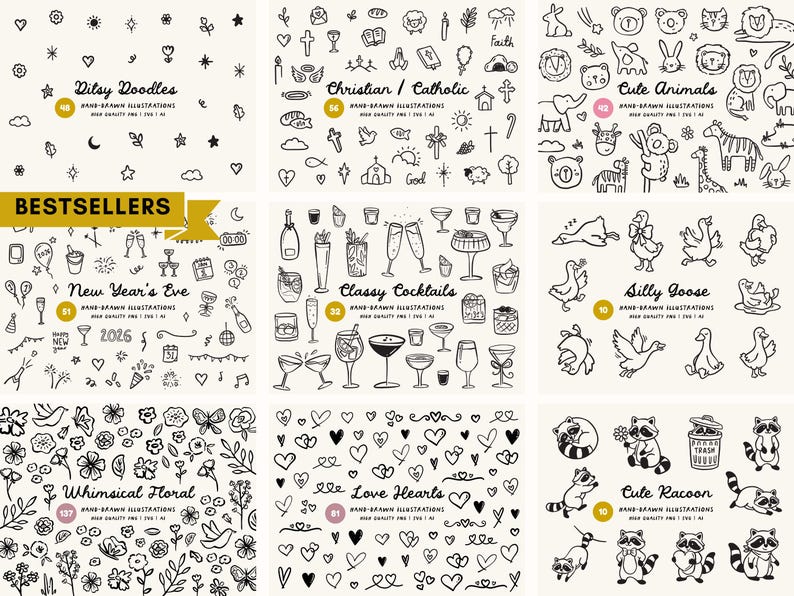 Peut inclure: Une collection d'illustrations dessin&eacute;es &agrave; la main en noir et blanc. L'image pr&eacute;sente divers th&egrave;mes, notamment des gribouillis, des symboles chr&eacute;tiens, des animaux mignons, des cocktails, des oies, des motifs floraux, des c&oelig;urs et des ratons laveurs. Le texte comprend "Ditsy Doodles", "Christian / Catholic", "Cute Animals", "New Year's Eve", "Classy Cocktails", "Silly Goose", "Whimsical Floral", "Love Hearts", et "Cute Racoon".