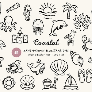 Puede incluir: Ilustraciones costeras dibujadas a mano en blanco y negro, que incluyen un mapa, un telescopio, un caballito de mar, un sol, una palmera, una tortuga, un faro, un pulpo, un castillo, una medusa, un delfín, una gaviota, un cangrejo, una estrella de mar, una langosta, una ballena, una concha, un esnórquel, chanclas y una cámara.