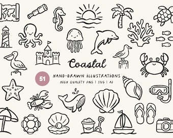 Coastal Doodle Clipart: Hand Drawn Under The Sea, Beach, Summer and Nautical Illustrations (SVG, PNG)