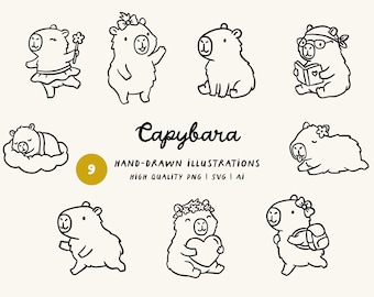 Capybara Clipart Bundle: Hand Drawn Capybara Illustrations, Animal Doodles (SVG, PNG, Ai)