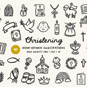 May include: A set of 41 hand-drawn black and white illustrations with a Christening theme. The images include a baby, cross, church, dove, baptismal font, and other religious symbols. The word "Christening" is also present.