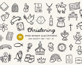 Christening, Catholic Faith Hand-Drawn Clipart Bundle - Crosses, Sheep, Religious Icons, PNG, SVG & AI