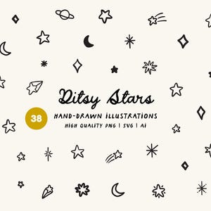 Könnte beinhalten: Cremefarbener Hintergrund mit schwarzen Illustrationen von Sternen, Monden und Planeten. Der Text "Ditsy Stars" ist in einer Schriftart geschrieben, mit der Zahl "38" in einem goldenen Kreis. Text enthält "HAND-DRAWN ILLUSTRATIONS" und "HIGH QUALITY PNG | SVG | AI".