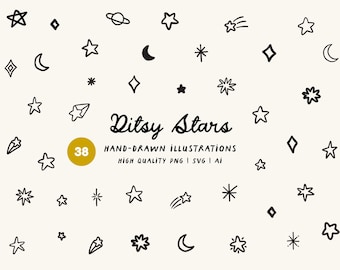 Ditsy Stars Doodles Hand-Drawn Clipart Bundle - Stars, Moons, Planets, PNG, SVG & AI