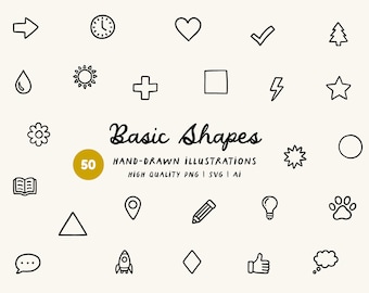 Hand-Drawn Basic Shapes Clipart Bundle - Hearts, Nature, Weather,  PNG, SVG & AI