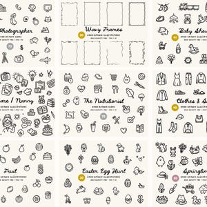 Peut inclure: Ensemble d'illustrations dessin&eacute;es &agrave; la main &agrave; l'encre noire sur fond cr&egrave;me. Les illustrations sont organis&eacute;es en ensembles th&eacute;matiques, notamment "The Photographer", "Wavy Frames", "Baby Shower", "Childcare/Nanny", "The Nutritionist", "Clothes & Shoes", "Fruit", "Easter Egg Hunt" et "Springtime".
