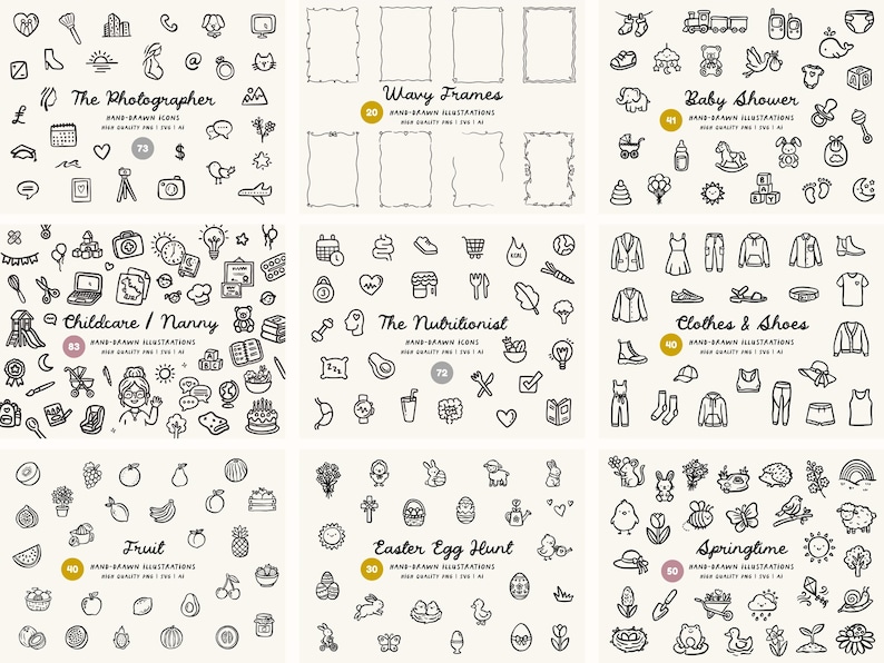 Peut inclure: Ensemble d'illustrations dessin&eacute;es &agrave; la main &agrave; l'encre noire sur fond cr&egrave;me. Les illustrations sont organis&eacute;es en ensembles th&eacute;matiques, notamment "The Photographer", "Wavy Frames", "Baby Shower", "Childcare/Nanny", "The Nutritionist", "Clothes & Shoes", "Fruit", "Easter Egg Hunt" et "Springtime".