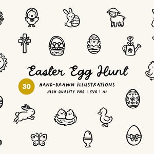 May include: Black and white hand-drawn illustrations of Easter-themed objects, including bunnies, eggs, chicks, flowers, and a watering can. The text "Easter Egg Hunt" is displayed, along with "30 Hand-drawn Illustrations".