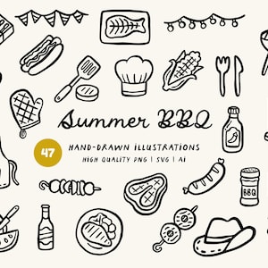 Summer BBQ Hand-Drawn Clipart Bundle - Barbecue, Cookout, Grill, Summer Food, PNG, SVG