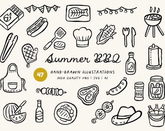 Paquete de imágenes prediseñadas de barbacoa de verano dibujadas a mano - Barbacoa, parrillada, comida de verano, PNG, SVG