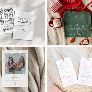 Peut inclure: Deux cartes blanches avec texte et illustrations noirs. L'une dit "Enjoy our open bar" avec des illustrations de cocktails. L'autre dit "Thank you for celebrating with us" avec des verres &agrave; champagne. Un t-shirt vert avec le texte "Christmas Crew".