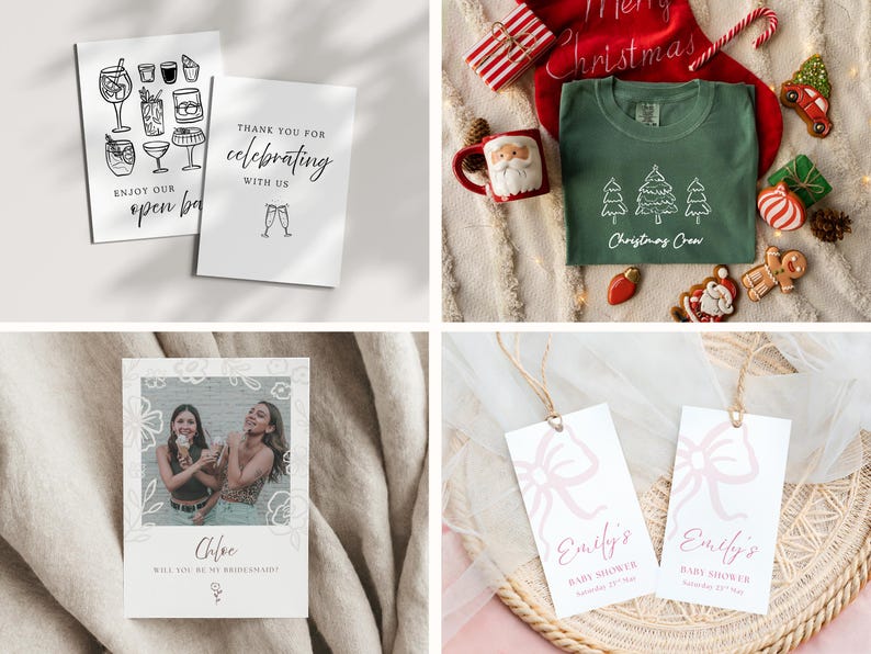 Peut inclure: Deux cartes blanches avec texte et illustrations noirs. L'une dit "Enjoy our open bar" avec des illustrations de cocktails. L'autre dit "Thank you for celebrating with us" avec des verres &agrave; champagne. Un t-shirt vert avec le texte "Christmas Crew".