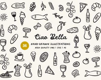 Italian Dinner Clipart: Hand Drawn Italian Food Illustrations and Icons (SVG, PNG, Ai)