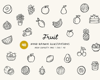 Fruit Hand-Drawn Clipart Bundle - Menu Illustrations, Nutrition Icons, Packaging and Labels, PNG, SVG & AI