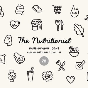 Könnte beinhalten: Eine Sammlung handgezeichneter schwarz-weißer Icons zum Thema Ernährung und gesunde Lebensweise. Der Text "The Nutritionist" wird angezeigt, zusammen mit der Zahl 72. Zu den Icons gehören ein Kalender, ein Herz, eine Hantel und ein Glas Saft.