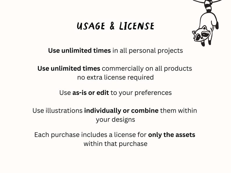 Peut inclure: Image avec le texte "USAGE & LICENSE" et des puces d&eacute;taillant les droits d'utilisation. Comprend une illustration en noir et blanc d'un raton laveur suspendu &agrave; une branche. Le texte explique les conditions d'utilisation personnelle et commerciale.