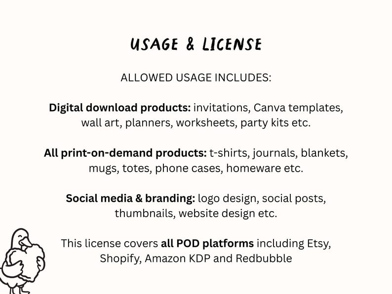 Peut inclure: Texte sur fond cr&egrave;me d&eacute;taillant les informations d'utilisation et de licence. Il &eacute;num&egrave;re les utilisations autoris&eacute;es pour les t&eacute;l&eacute;chargements num&eacute;riques, les produits &agrave; la demande et l'image de marque des m&eacute;dias sociaux. Un canard de dessin anim&eacute; est dans le coin inf&eacute;rieur gauche.