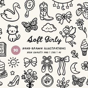 Puede incluir: Ilustraciones dibujadas a mano en blanco y negro de varios objetos, incluyendo un cisne, un gato, una mariposa, un hada, un pastel y un tacón alto. El texto "Soft Girly" y "90 Hand-drawn Illustrations" también están presentes.